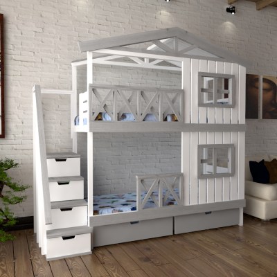 Кровать двухъярусная в виде домика Chalet-V2-S-Lkp4 для детей и подростков из массива сосны 
